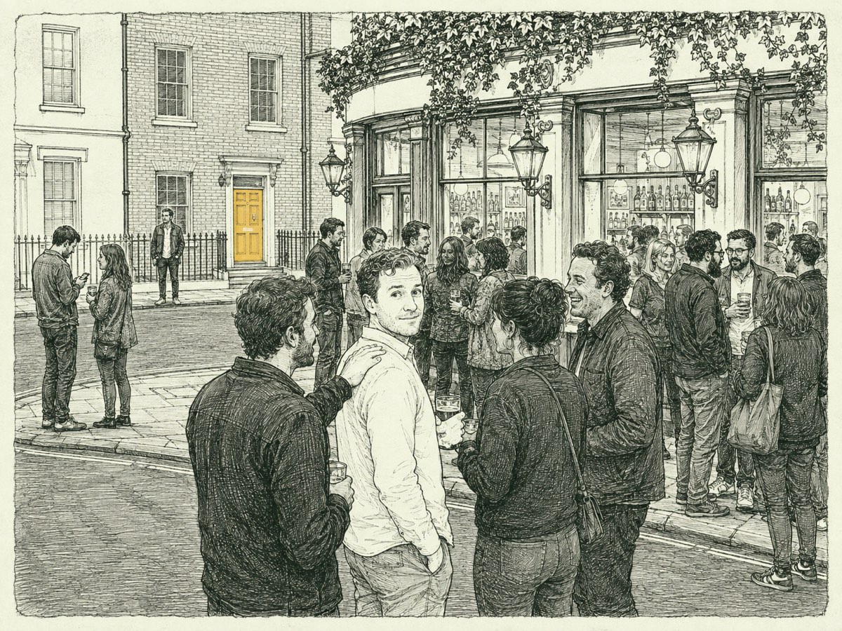 Line print: a pub crowd, one man in a white shirt looking at the viewer, a gold door across the street