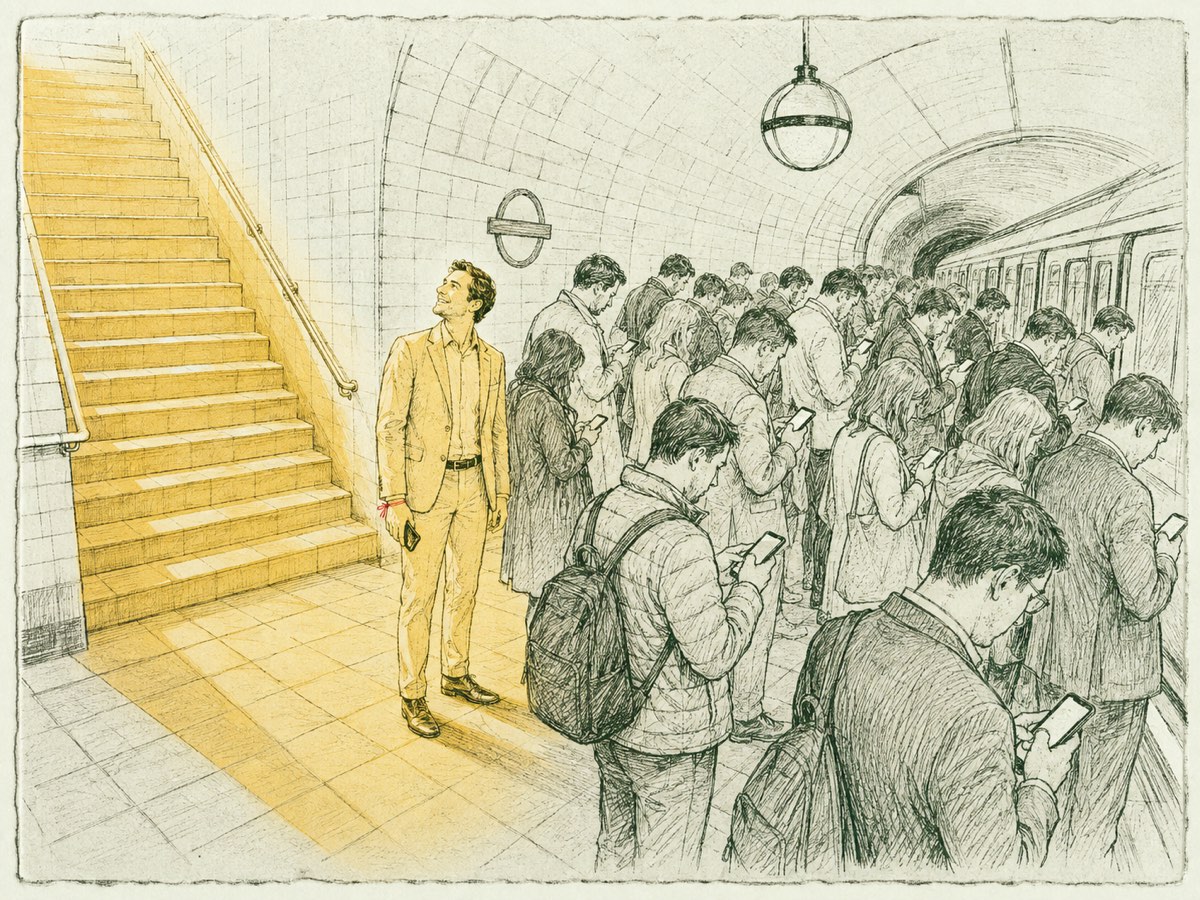Etching: tube platform, one man looking up a sunlit stairway