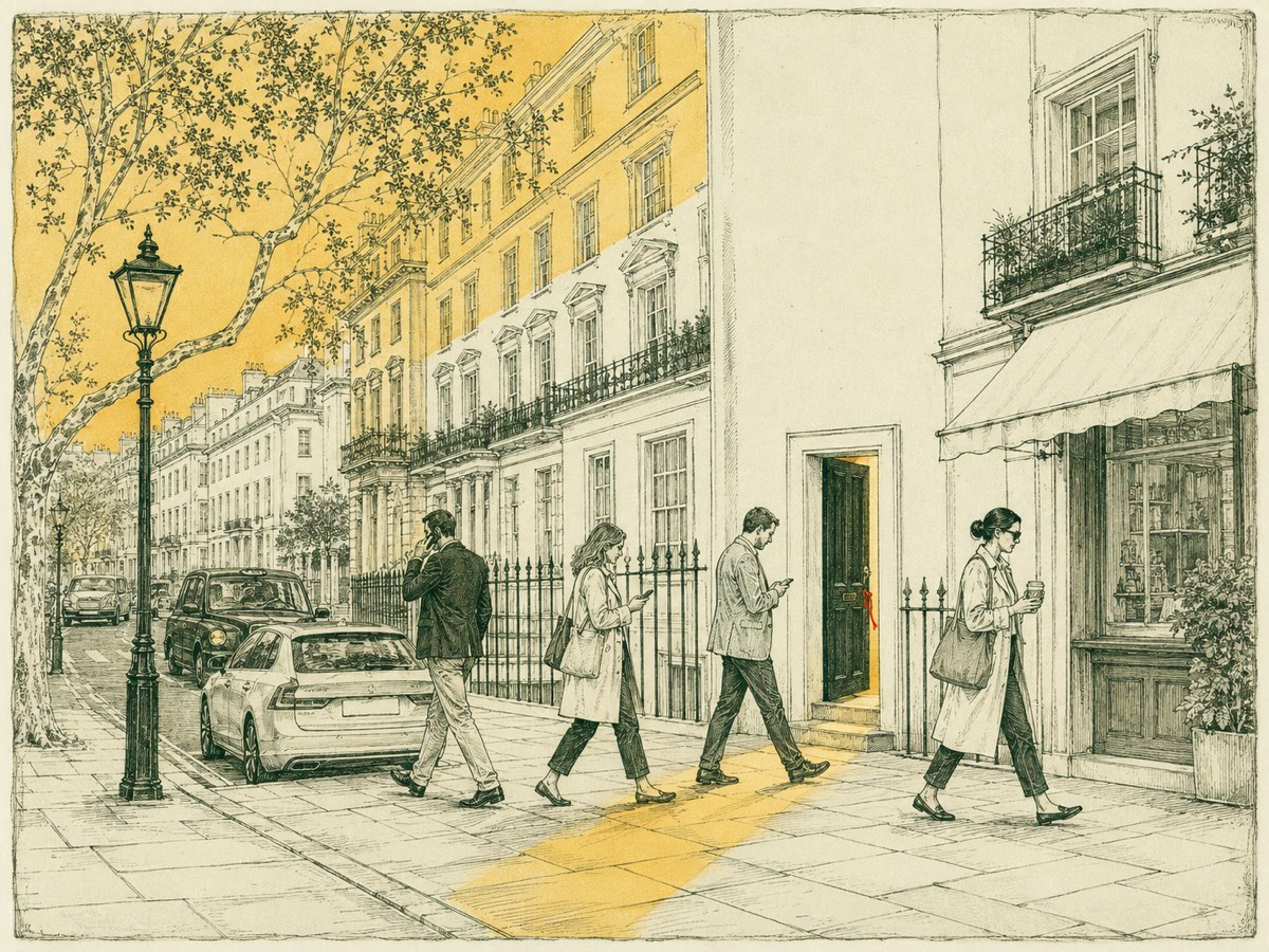 Etching: Mayfair street, open door spilling light