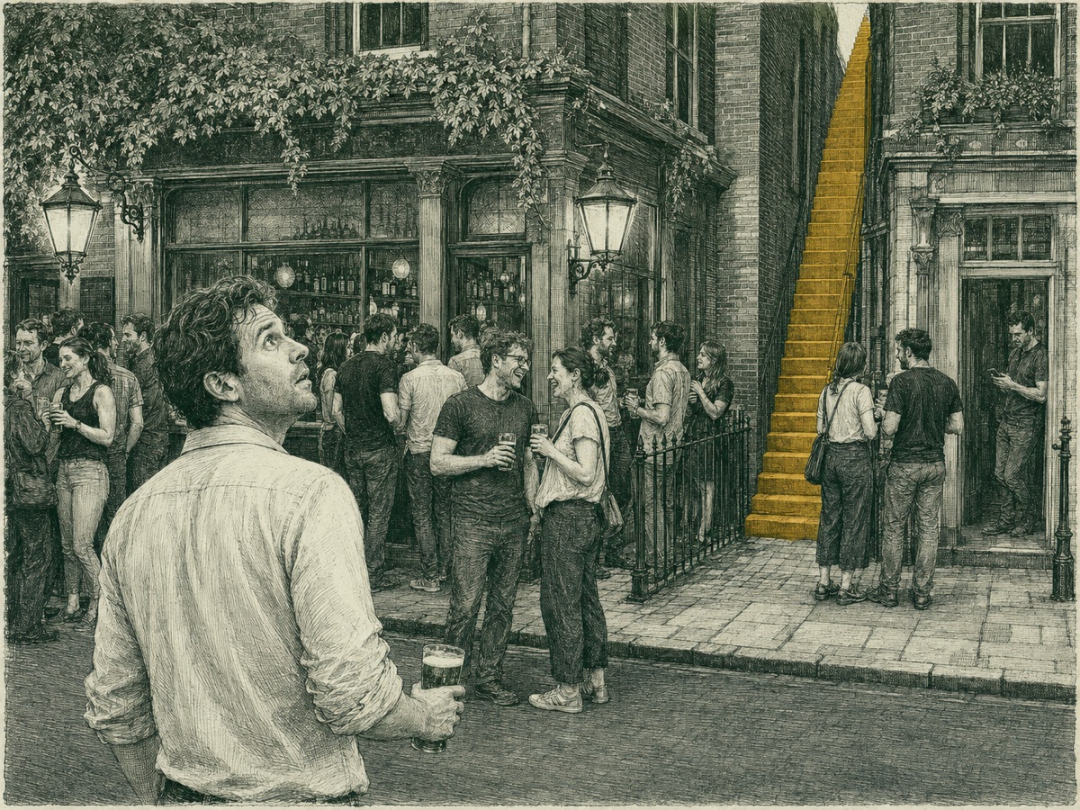staircase 1: first pass; seeker apart, looking up rather than at the stairs; pair at the stair foot