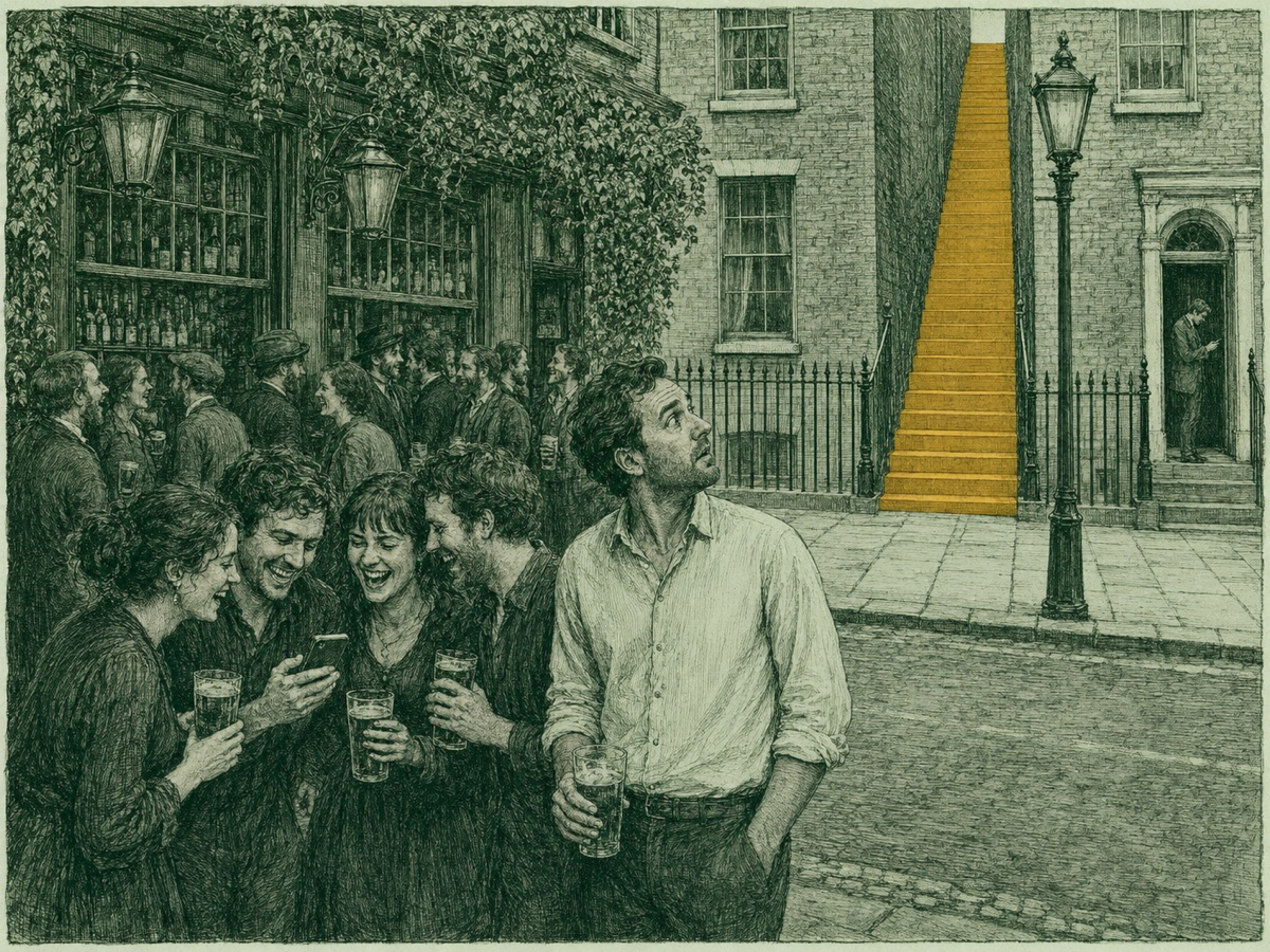 staircase 3: seeker in the group but drawn larger; identical laughing faces; back row in period dress