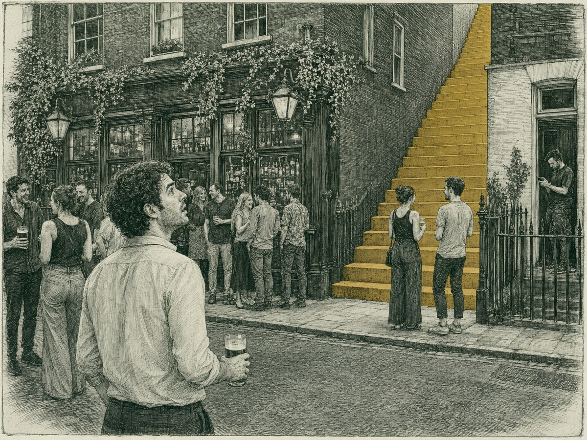 staircase 2: couple facing the stair foot; seeker apart in the road; stair monumental