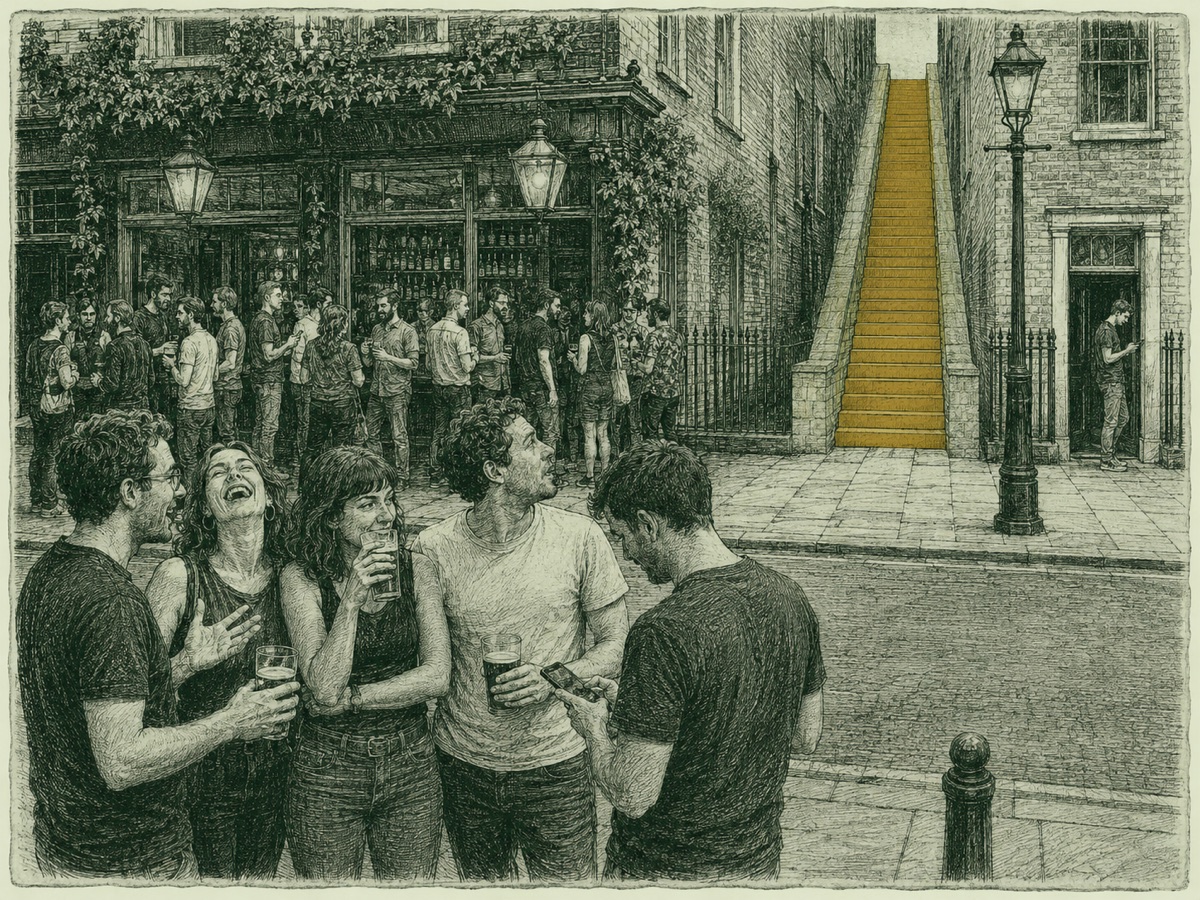 staircase 4: group real, but one friend glances right; stair monumental and muddy gold