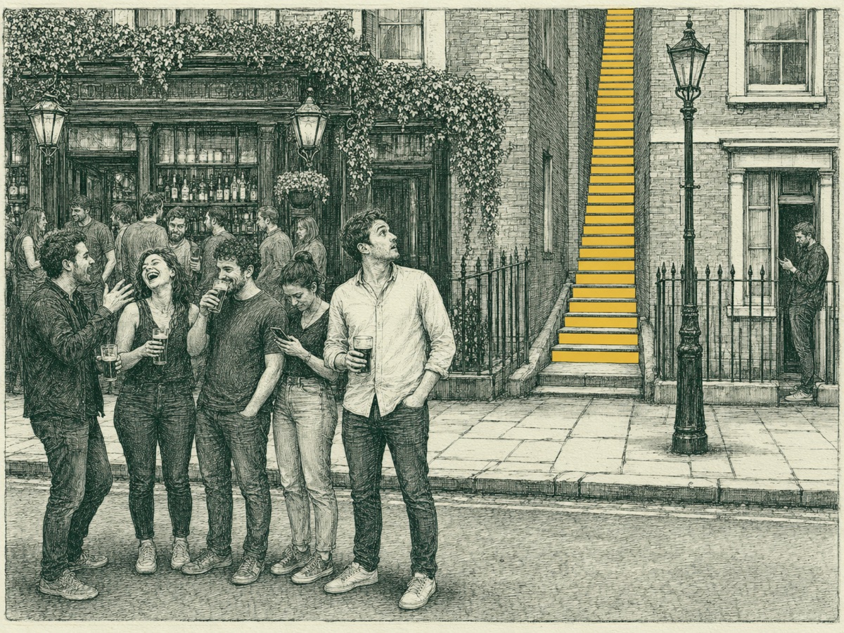 staircase 5 (3 Sept): Etching: friends outside a pub, one telling a story, one laughing, one drinking, one on her phone; the fifth, same size as the others, looks up wide-eyed at a golden stone staircase rising between two houses across the street that nobody else notices