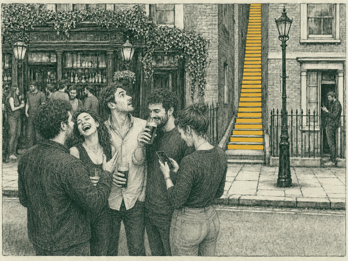 staircase 7 (3 Sept): friends in a real circle, two backs to us, seeker centred; but the group stands in the road