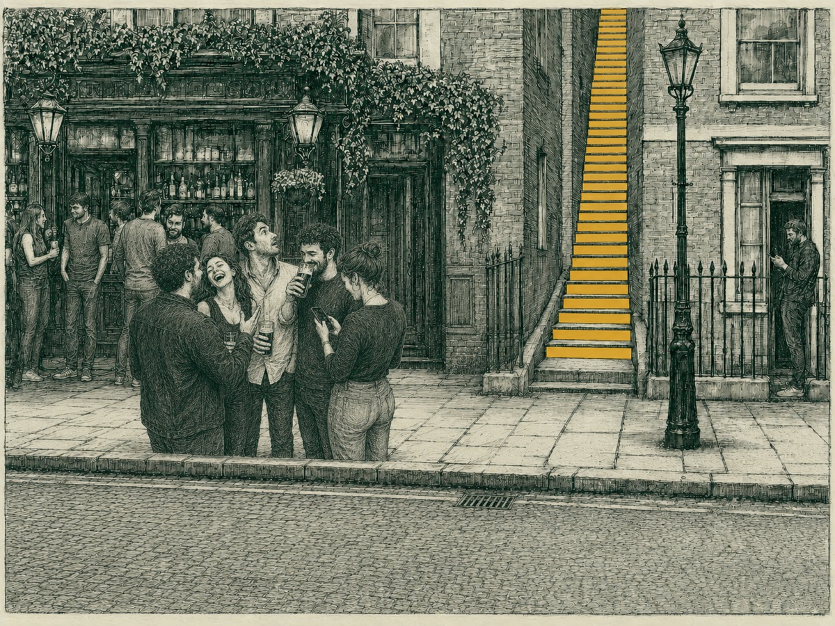 staircase 8 (3 Sept): group on the pavement, but cut off at the knee by the kerb; road takes a third of the frame