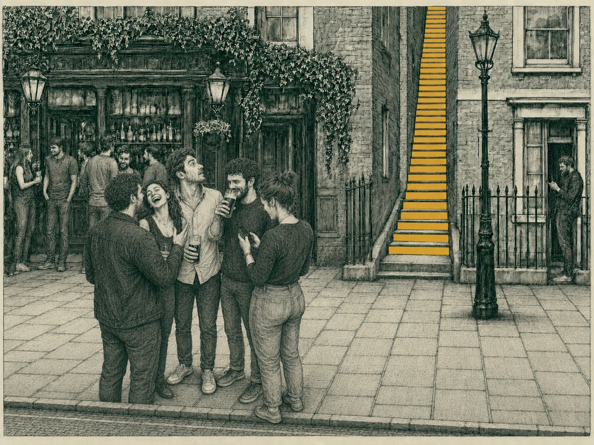 v3 hero (4 Sept), etching: five friends in a circle on the pavement outside a pub, one telling a story, one laughing, one drinking, one on her phone; the fifth, in the middle of them, looks up wide-eyed at a golden stone staircase rising between two houses that nobody else notices