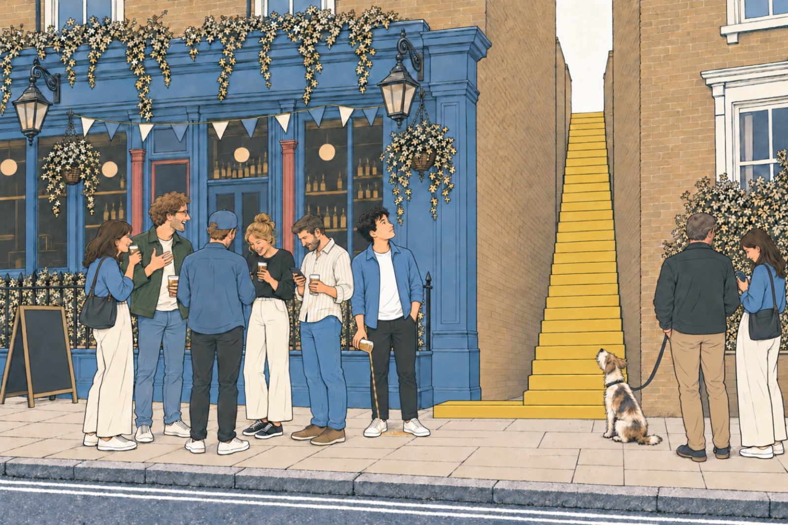 Line print: five friends in a circle outside a pub; one of them, pint tipping, looks up at a gold staircase between two houses; a dog on a lead stares up it too