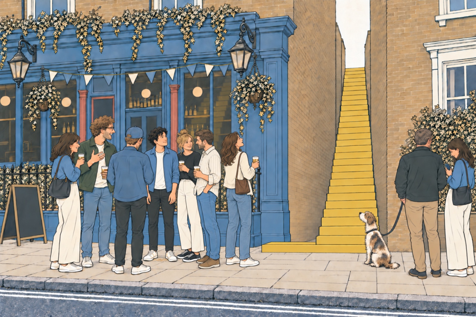 Line print: the same pub and friends as the first picture; the man in the blue jacket now stands inside the circle, still and attentive, looking at a newcomer at its edge who has turned to look up at the gold stairs