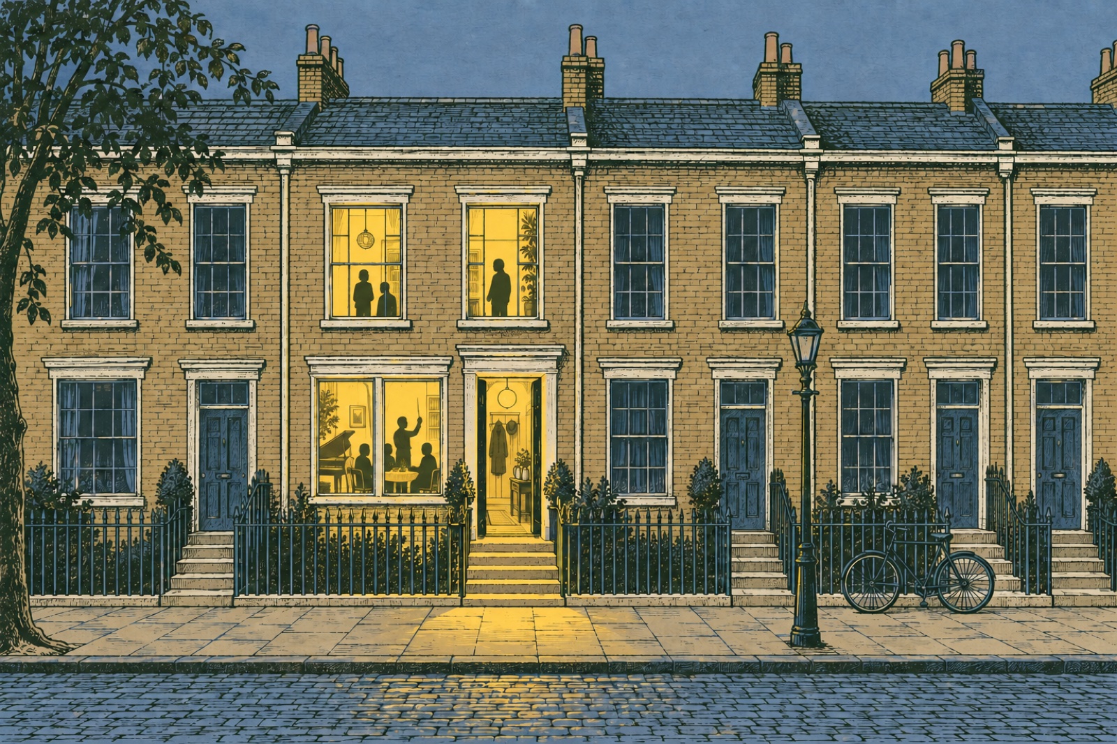 Line print: an ordinary Mayfair terrace at evening; one house has every window lit gold and its door open, with people at a long table inside; nobody in the street