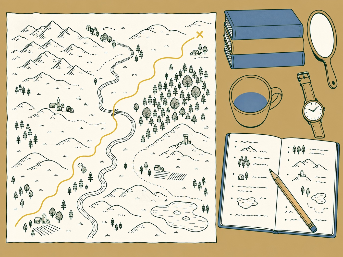Line print, from above: a hand-drawn map with a gold route ending at an X, an open notebook, a pencil, a watch, a cup and a small mirror on a wooden table