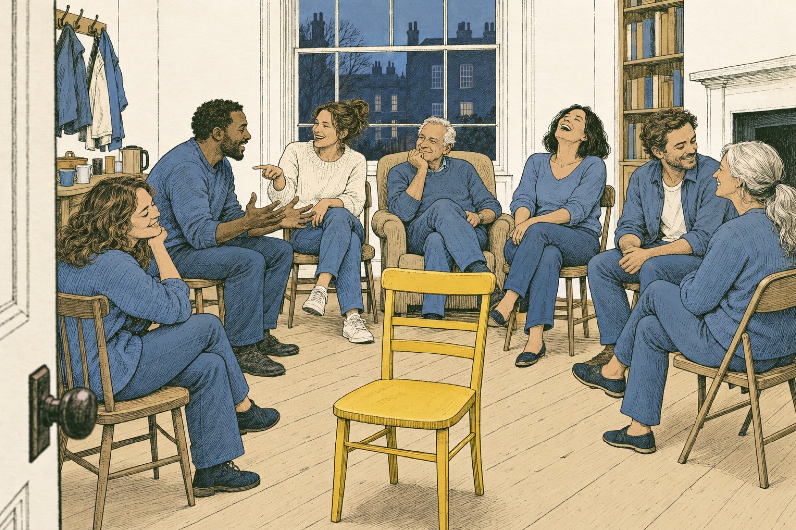 Line print: seven people in a ring of mismatched chairs in a plain room, all turned to each other, laughing and listening; one empty gold chair in the ring faces the viewer